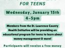 Money Management for Teens Wednesday January 15th